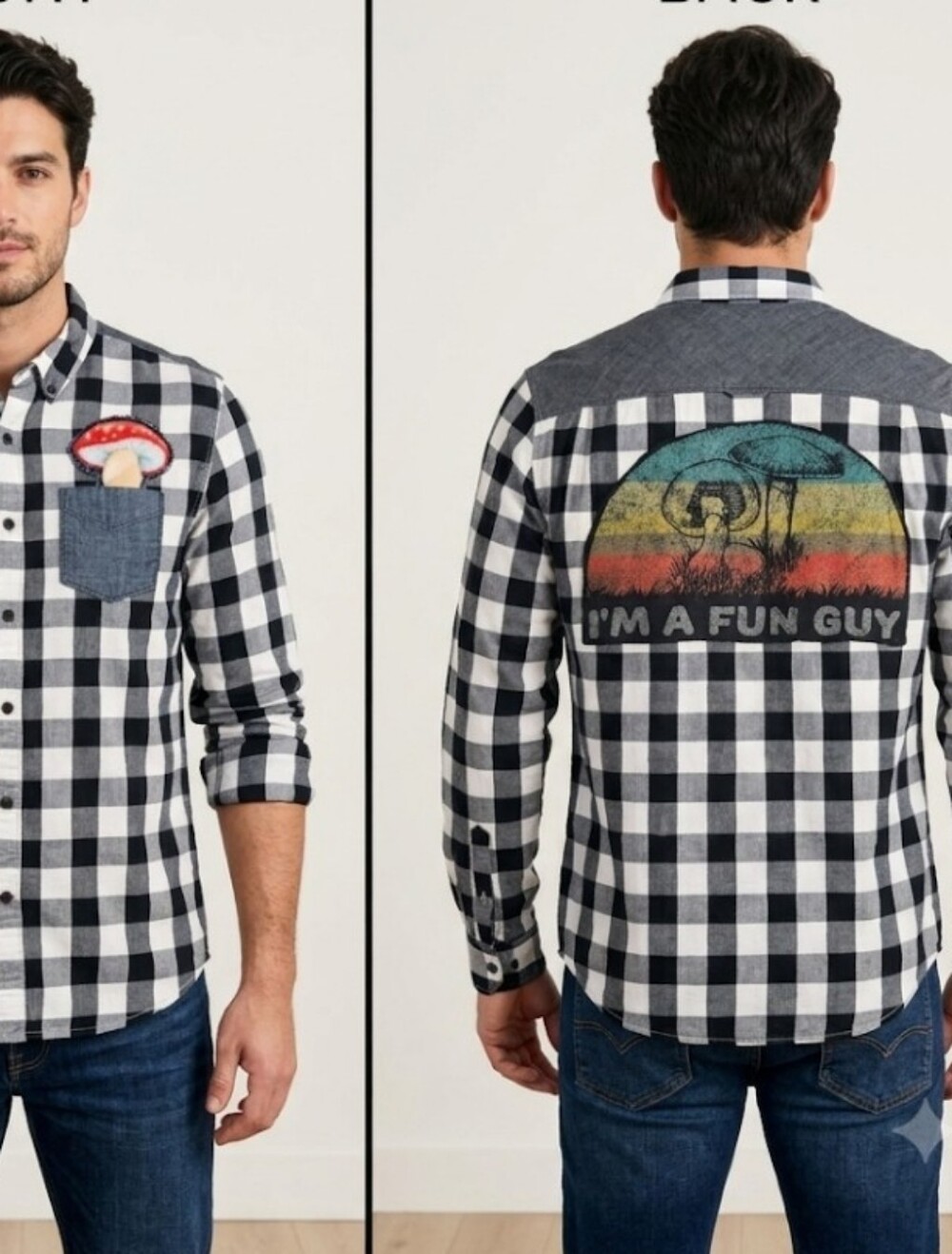 Mushroom Upcycled Checked Shirt Mens L Appliques Funny